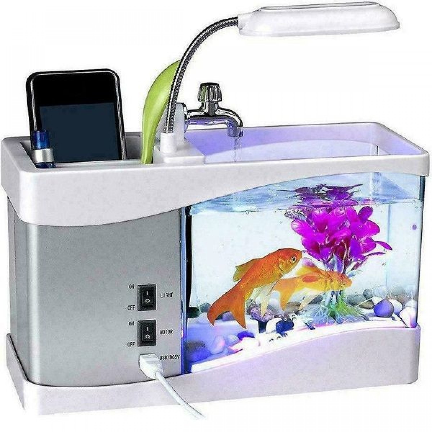USB Desktop Mini Fish Tank Aquarium With LED Clock Μαύρο