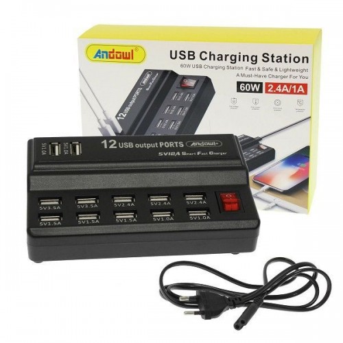 Andowl Βάση Φόρτισης με 12 Θύρες USB-A 60W σε Μαύρο χρώμα Q-CD10P