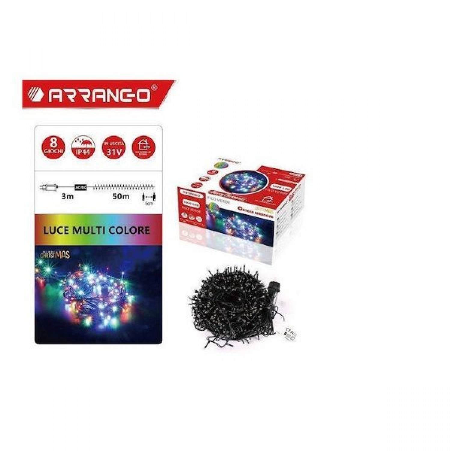 1000 LED Χριστουγεννιάτικα Λαμπάκια Πολύχρωμα 53μ σε Σειρά με Πράσινο Καλώδιο Arrango