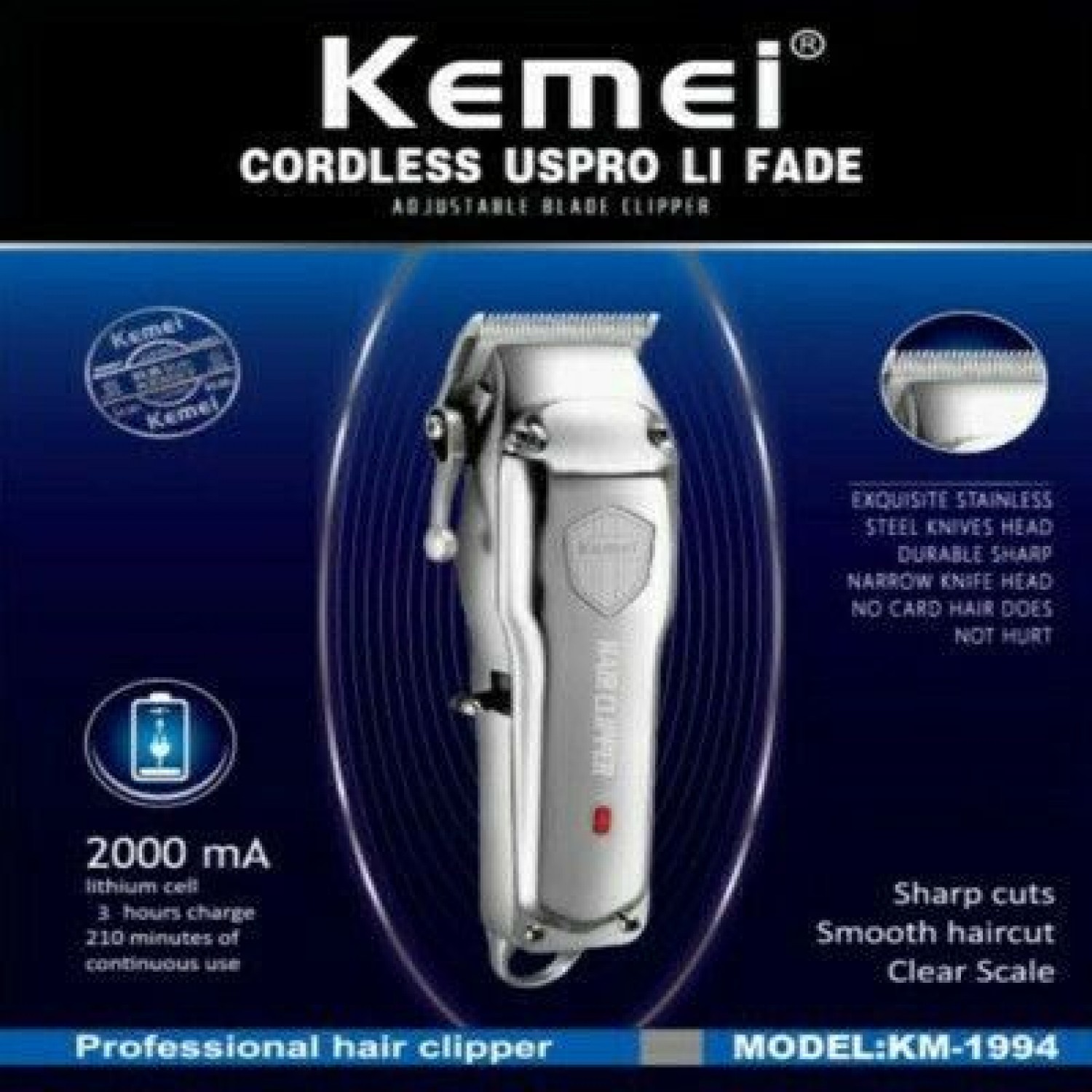 Kemei Επαναφορτιζόμενη Κουρευτική Μηχανή Ασημί KM-1994
