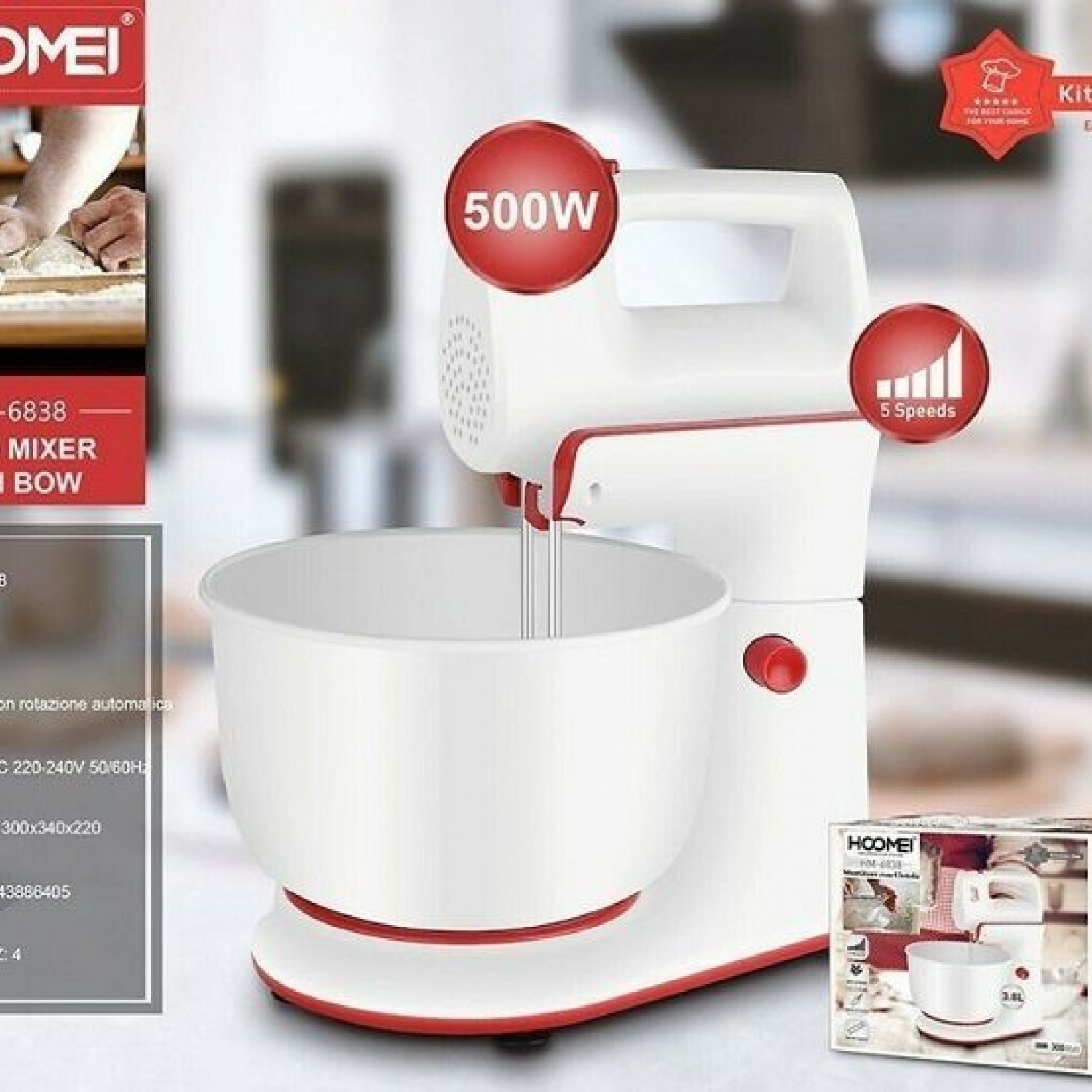 Μίξερ με Πλαστικό Κάδο 3.8lt Λευκό 300W Hoomei HM-6838