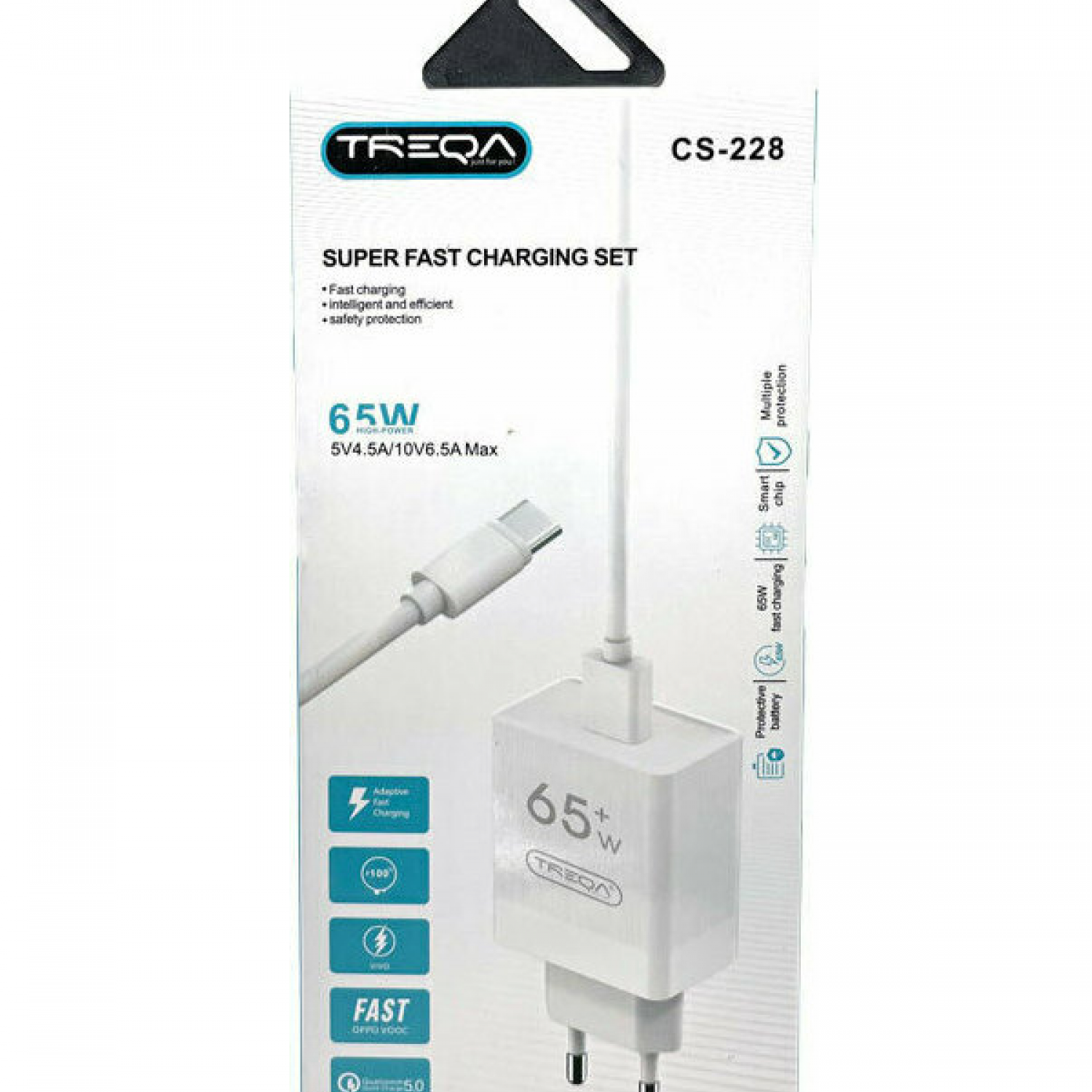 Treqa Φορτιστής με Θύρα USB-A και Καλώδιο USB-C 65W Λευκός CS-228