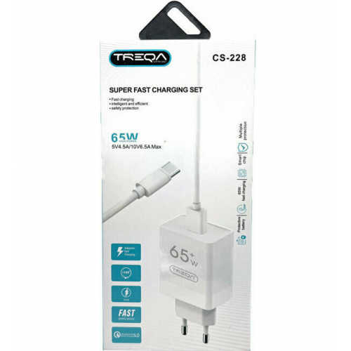 Treqa Φορτιστής με Θύρα USB-A και Καλώδιο USB-C 65W Λευκός CS-228