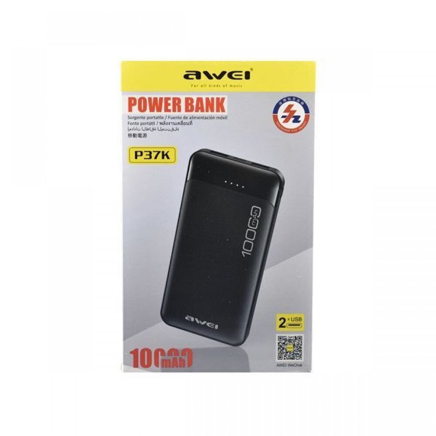 Awei P37K Power Bank 10000mAh με 2 Θύρες USB-A και Θύρα USB-C Μαύρο