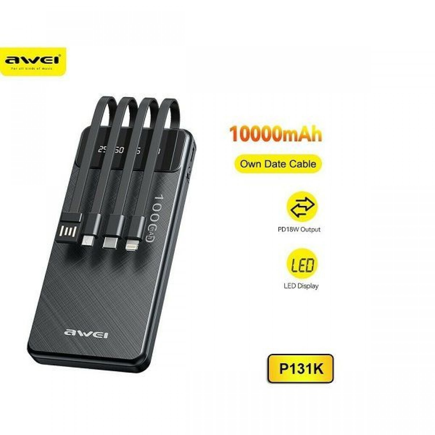 Awei P131K Power Bank 10000mAh με Θύρα USB-A Μαύρο