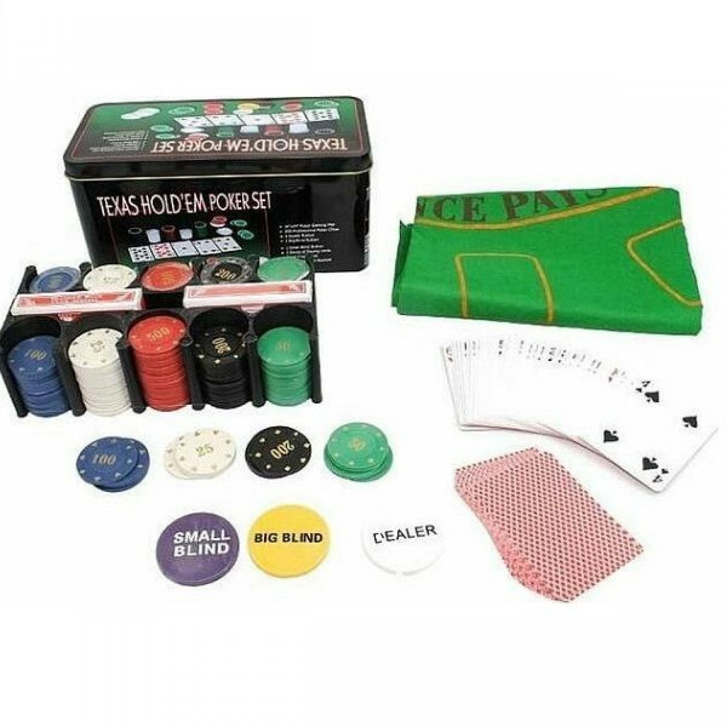 Poker Σετ 200 Μάρκες 20mm Αριθμημένες σε Μεταλλικό Κουτί με 2 Τράπουλες και Τσόχα