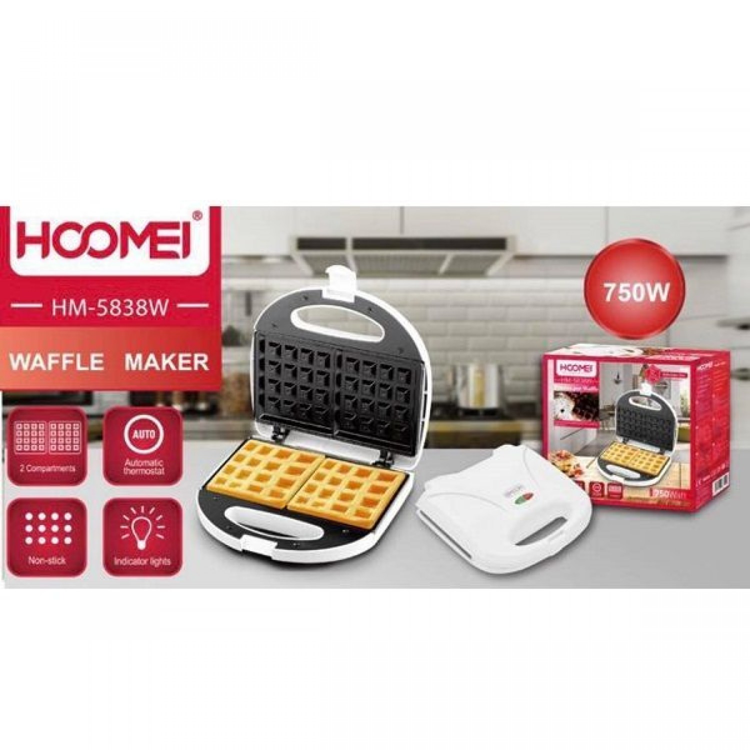 Hoomei ΗΜ-5838W Βαφλιέρα 2 Θέσεων σε Ορθογώνιο Σχήμα 750W