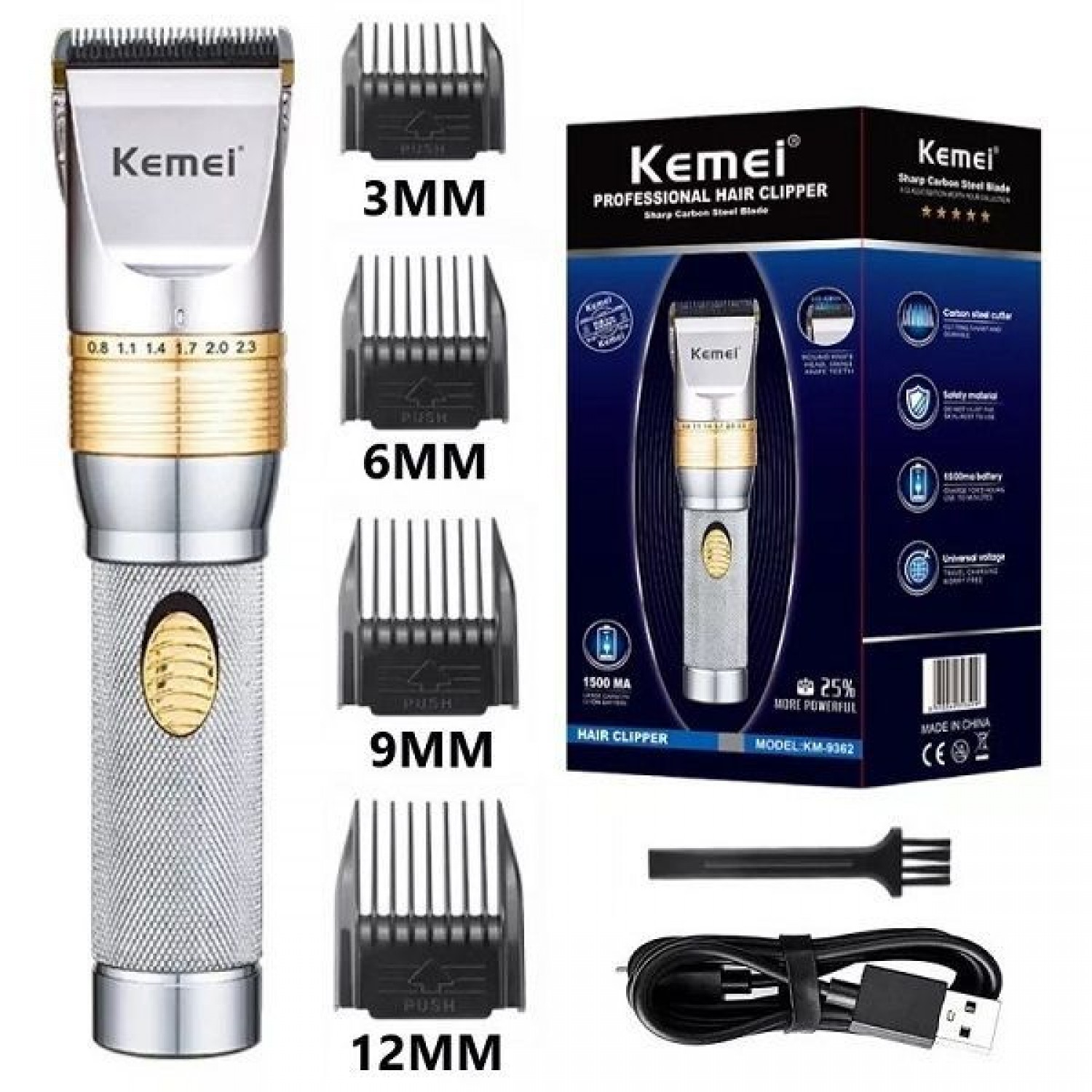 Kemei Επαναφορτιζόμενη Κουρευτική Μηχανή Ασημί KM-9362