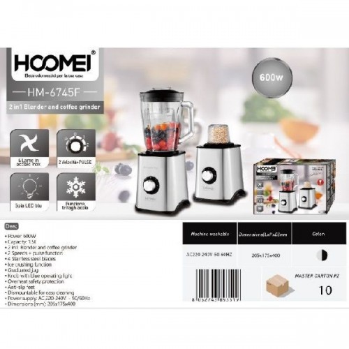 2 σε 1 Μπλέντερ και Μύλος Καφέ 600W 1,7L Blender HM-6745F