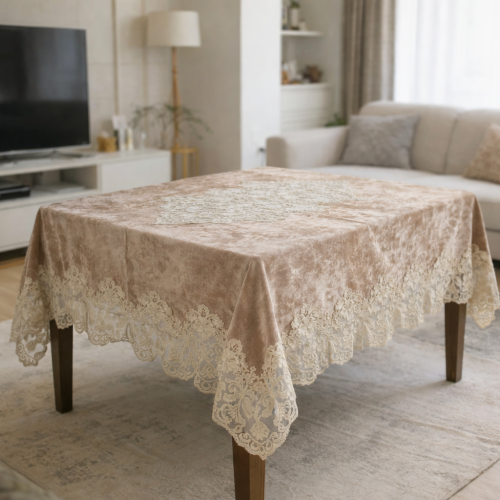 Βελούδινο Τραπεζομάντηλο - Μπεζ 140X140CM